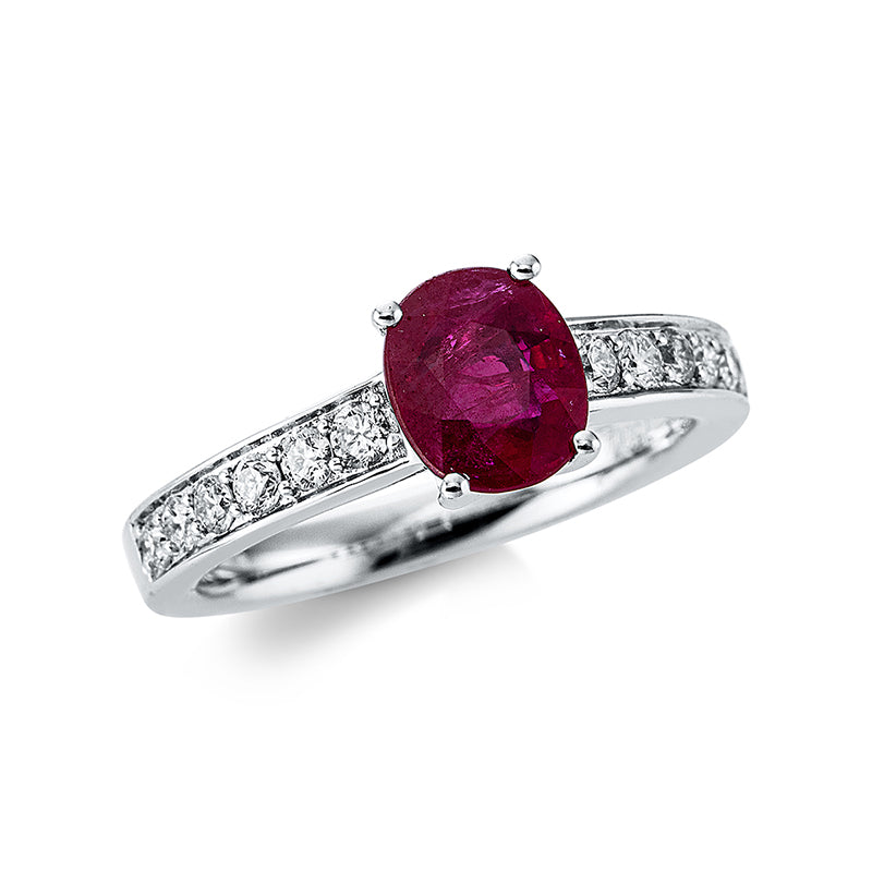 Ring 18 kt WG, 12 Brill. 0,35 ct, W-si, 1 Rubin 1,35 ct rot