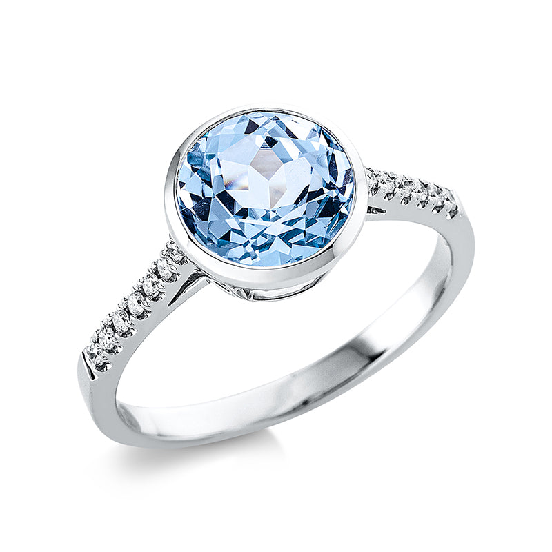 Ring 18 kt WG, 14 Brill. 0,09 ct, TW-si, 1 Topas 2,50 ct sky blue